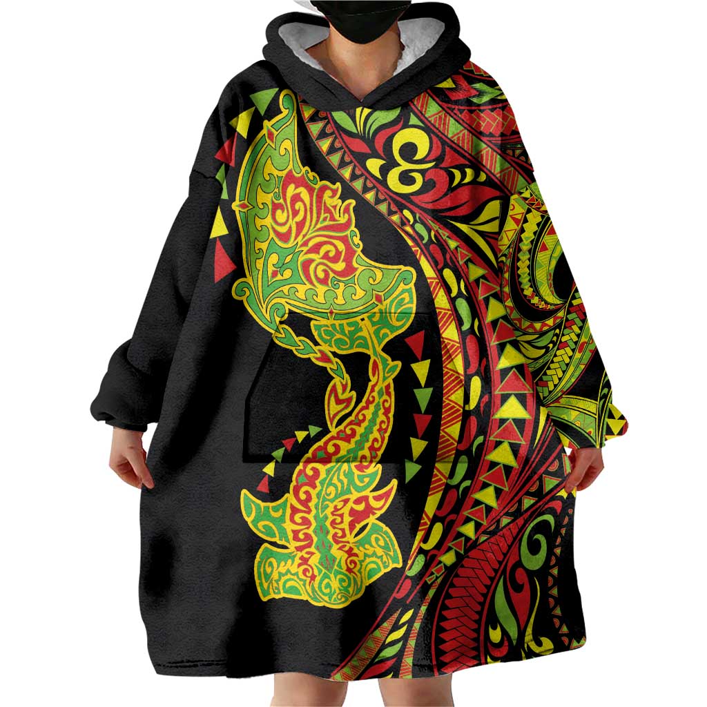 Hawaiian Manta Ray and Hammerhead Shark Tribal Tattoo Wearable Blanket Hoodie with Polynesian Tribal Pattern Kanaka Maoli Flag Color