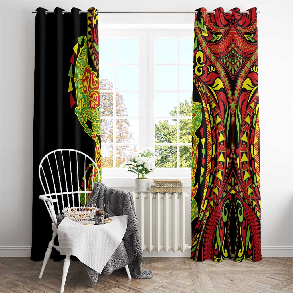 Hawaiian Manta Ray and Hammerhead Shark Tribal Tattoo Window Curtain with Polynesian Tribal Pattern Kanaka Maoli Flag Color