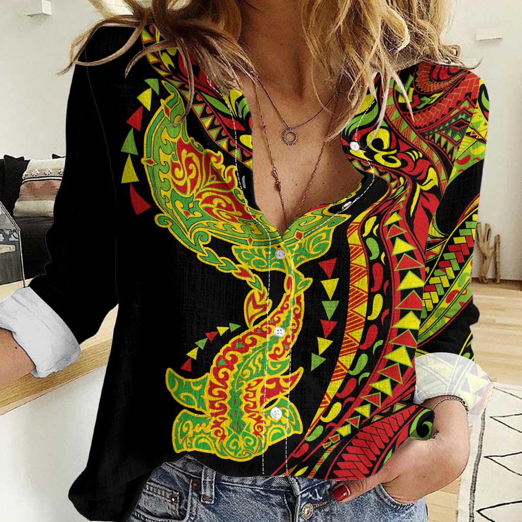 Hawaiian Manta Ray and Hammerhead Shark Tribal Tattoo Women Casual Shirt with Polynesian Tribal Pattern Kanaka Maoli Flag Color LT03 Female Multicolor - Polynesian Pride