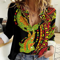 Hawaiian Manta Ray and Hammerhead Shark Tribal Tattoo Women Casual Shirt with Polynesian Tribal Pattern Kanaka Maoli Flag Color LT03 Female Multicolor - Polynesian Pride