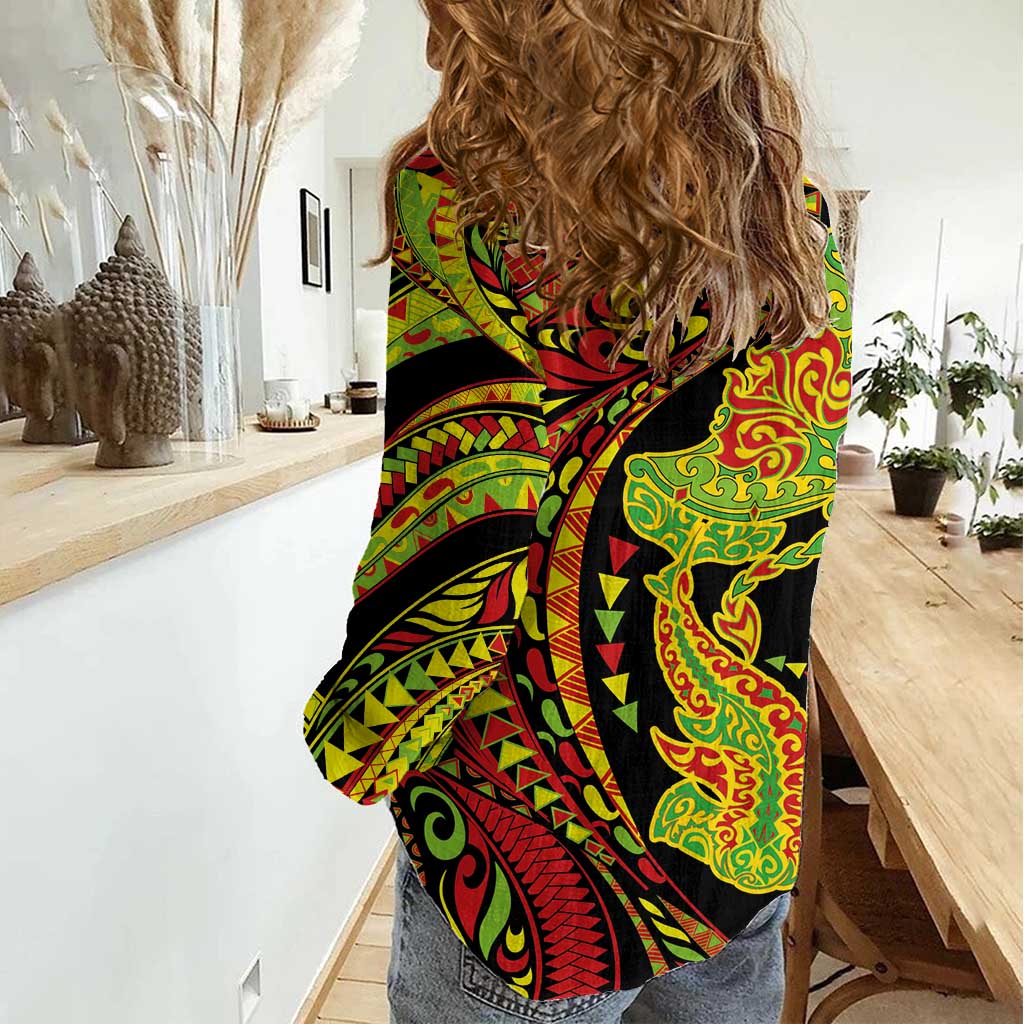 Hawaiian Manta Ray and Hammerhead Shark Tribal Tattoo Women Casual Shirt with Polynesian Tribal Pattern Kanaka Maoli Flag Color LT03 - Polynesian Pride