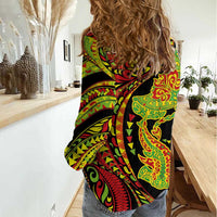 Hawaiian Manta Ray and Hammerhead Shark Tribal Tattoo Women Casual Shirt with Polynesian Tribal Pattern Kanaka Maoli Flag Color LT03 - Polynesian Pride