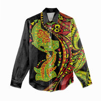 Hawaiian Manta Ray and Hammerhead Shark Tribal Tattoo Women Casual Shirt with Polynesian Tribal Pattern Kanaka Maoli Flag Color LT03 - Polynesian Pride