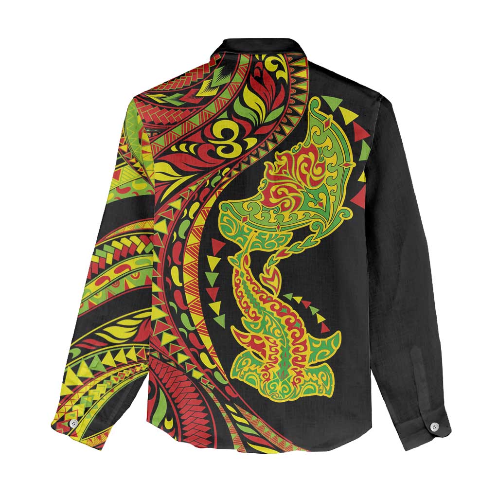 Hawaiian Manta Ray and Hammerhead Shark Tribal Tattoo Women Casual Shirt with Polynesian Tribal Pattern Kanaka Maoli Flag Color LT03 - Polynesian Pride