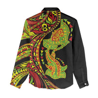 Hawaiian Manta Ray and Hammerhead Shark Tribal Tattoo Women Casual Shirt with Polynesian Tribal Pattern Kanaka Maoli Flag Color LT03 - Polynesian Pride