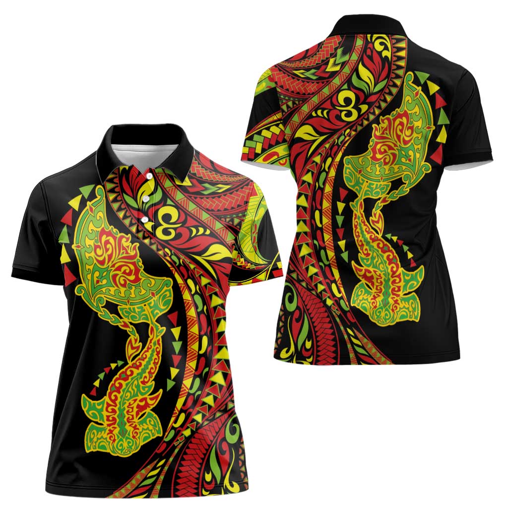 Hawaiian Manta Ray and Hammerhead Shark Tribal Tattoo Women Polo Shirt with Polynesian Tribal Pattern Kanaka Maoli Flag Color