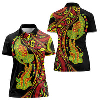 Hawaiian Manta Ray and Hammerhead Shark Tribal Tattoo Women Polo Shirt with Polynesian Tribal Pattern Kanaka Maoli Flag Color