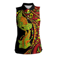 Hawaiian Manta Ray and Hammerhead Shark Tribal Tattoo Women Sleeveless Polo Shirt with Polynesian Tribal Pattern Kanaka Maoli Flag Color