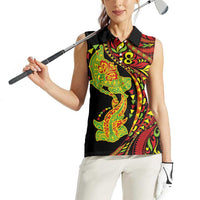 Hawaiian Manta Ray and Hammerhead Shark Tribal Tattoo Women Sleeveless Polo Shirt with Polynesian Tribal Pattern Kanaka Maoli Flag Color