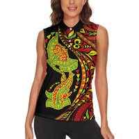 Hawaiian Manta Ray and Hammerhead Shark Tribal Tattoo Women Sleeveless Polo Shirt with Polynesian Tribal Pattern Kanaka Maoli Flag Color