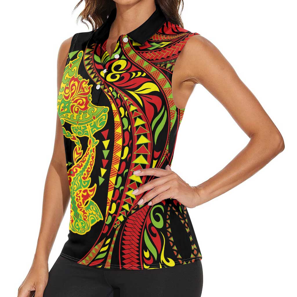 Hawaiian Manta Ray and Hammerhead Shark Tribal Tattoo Women Sleeveless Polo Shirt with Polynesian Tribal Pattern Kanaka Maoli Flag Color