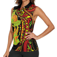 Hawaiian Manta Ray and Hammerhead Shark Tribal Tattoo Women Sleeveless Polo Shirt with Polynesian Tribal Pattern Kanaka Maoli Flag Color