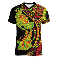 Hawaiian Manta Ray and Hammerhead Shark Tribal Tattoo Women V-Neck T-Shirt with Polynesian Tribal Pattern Kanaka Maoli Flag Color