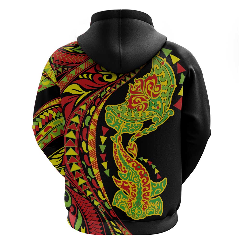 Hawaiian Manta Ray and Hammerhead Shark Tribal Tattoo Zip Hoodie with Polynesian Tribal Pattern Kanaka Maoli Flag Color