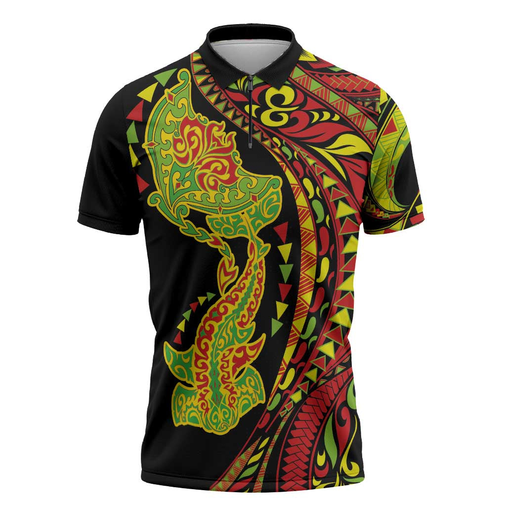 Hawaiian Manta Ray and Hammerhead Shark Tribal Tattoo Zipper Polo Shirt with Polynesian Tribal Pattern Kanaka Maoli Flag Color