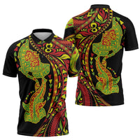 Hawaiian Manta Ray and Hammerhead Shark Tribal Tattoo Zipper Polo Shirt with Polynesian Tribal Pattern Kanaka Maoli Flag Color