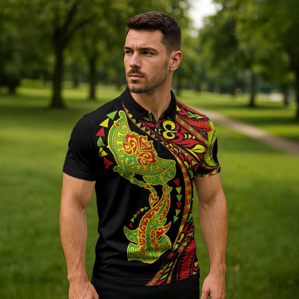 Hawaiian Manta Ray and Hammerhead Shark Tribal Tattoo Zipper Polo Shirt with Polynesian Tribal Pattern Kanaka Maoli Flag Color