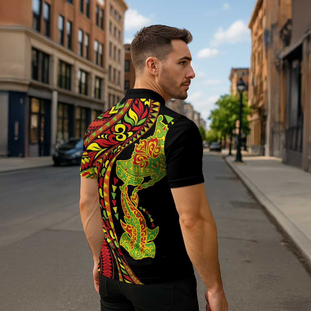 Hawaiian Manta Ray and Hammerhead Shark Tribal Tattoo Zipper Polo Shirt with Polynesian Tribal Pattern Kanaka Maoli Flag Color