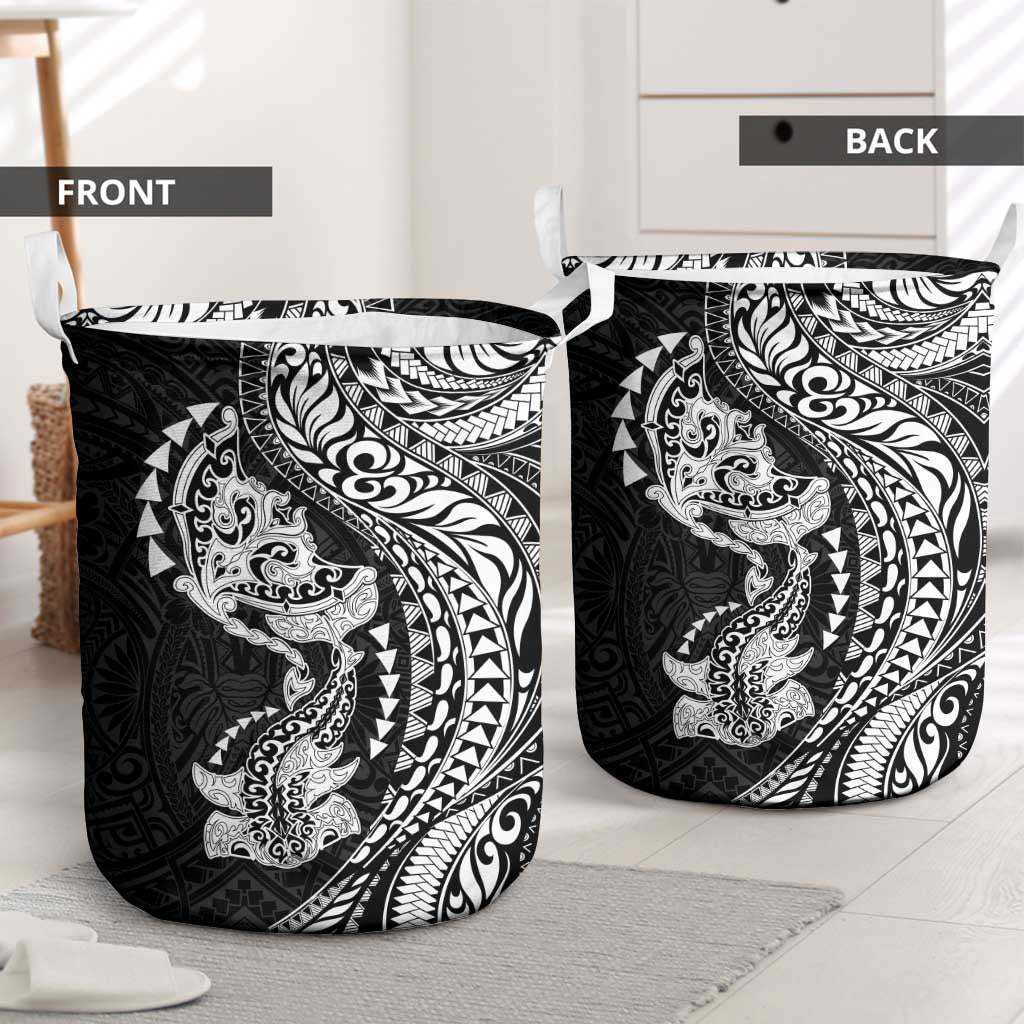 Hawaiian Manta Ray and Hammerhead Shark Tribal Tattoo Laundry Basket with Polynesian Tribal Pattern Black-White Color LT03 - Polynesian Pride