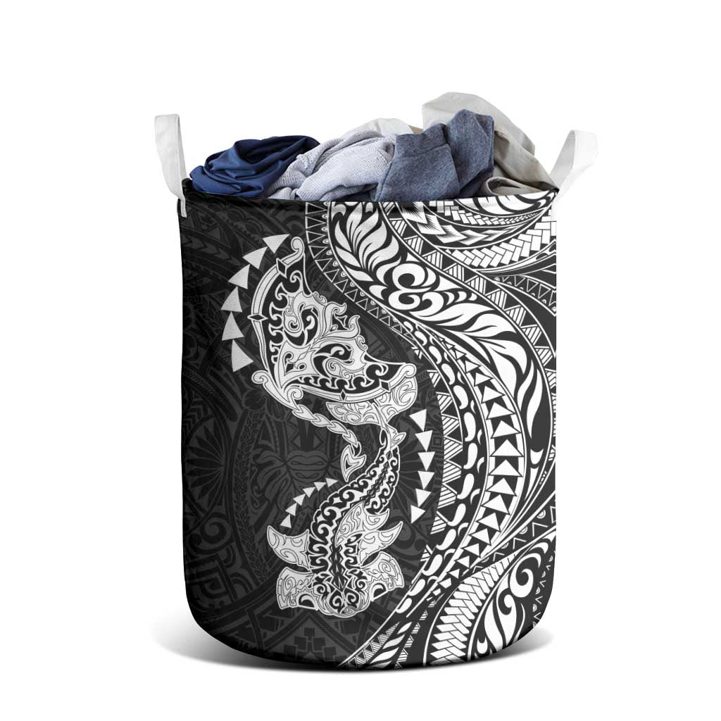 Hawaiian Manta Ray and Hammerhead Shark Tribal Tattoo Laundry Basket with Polynesian Tribal Pattern Black-White Color LT03 - Polynesian Pride