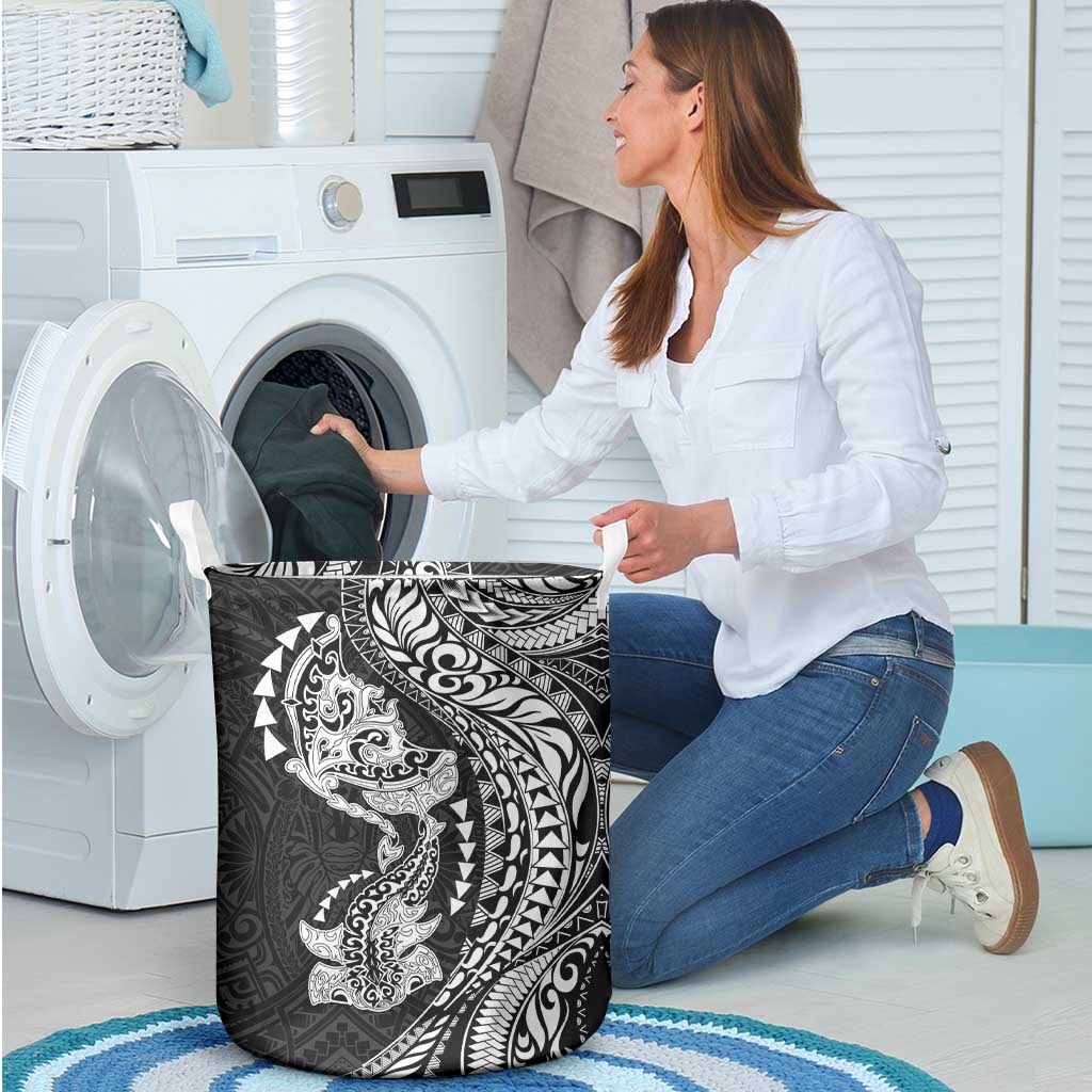 Hawaiian Manta Ray and Hammerhead Shark Tribal Tattoo Laundry Basket with Polynesian Tribal Pattern Black-White Color LT03 - Polynesian Pride