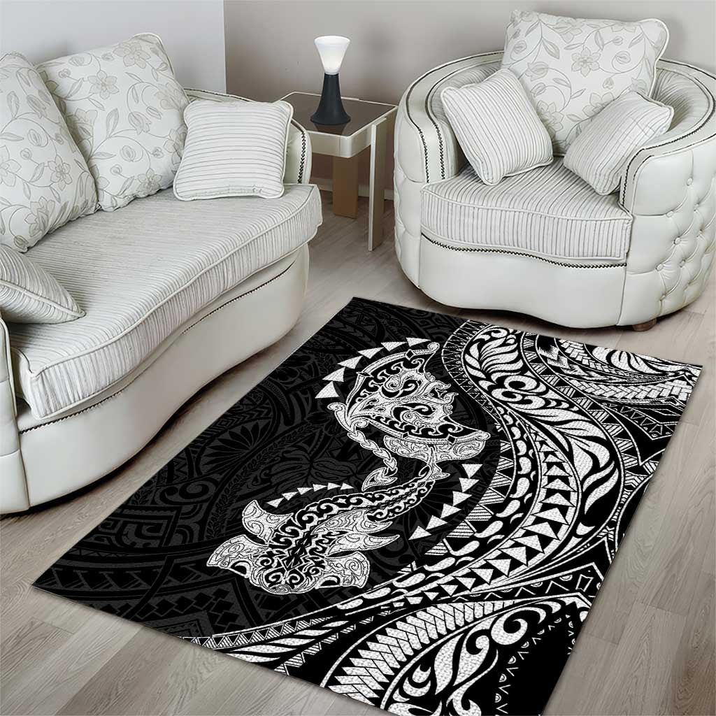 Hawaiian Manta Ray and Hammerhead Shark Tribal Tattoo Area Rug with Polynesian Tribal Pattern Black-White Color