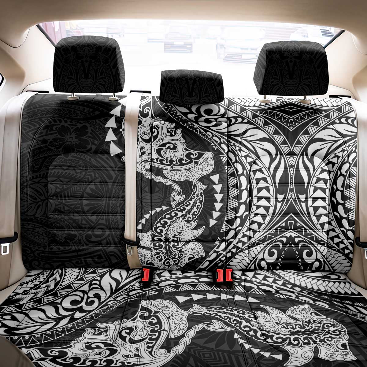 Hawaiian Manta Ray and Hammerhead Shark Tribal Tattoo Back Car Seat Cover with Polynesian Tribal Pattern Black-White Color