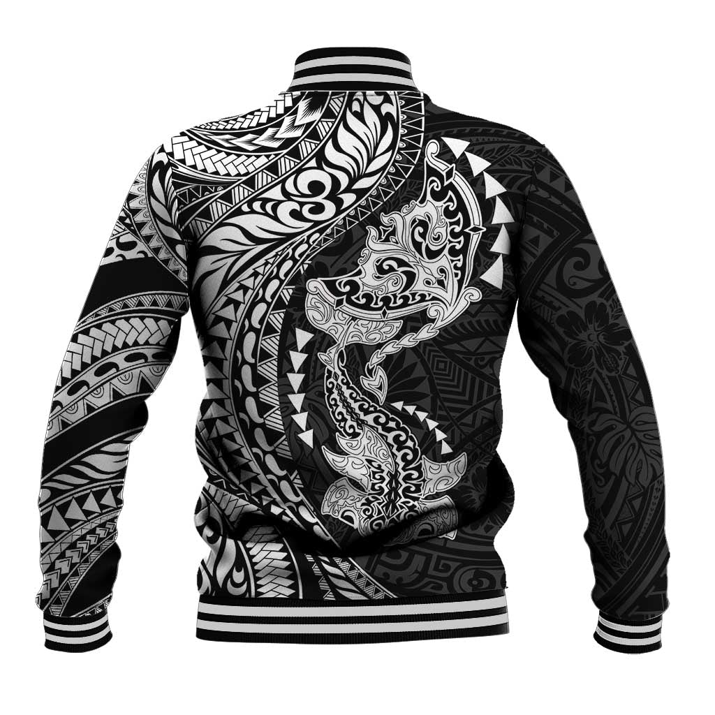 Hawaiian Manta Ray and Hammerhead Shark Tribal Tattoo Baseball Jacket with Polynesian Tribal Pattern Black-White Color