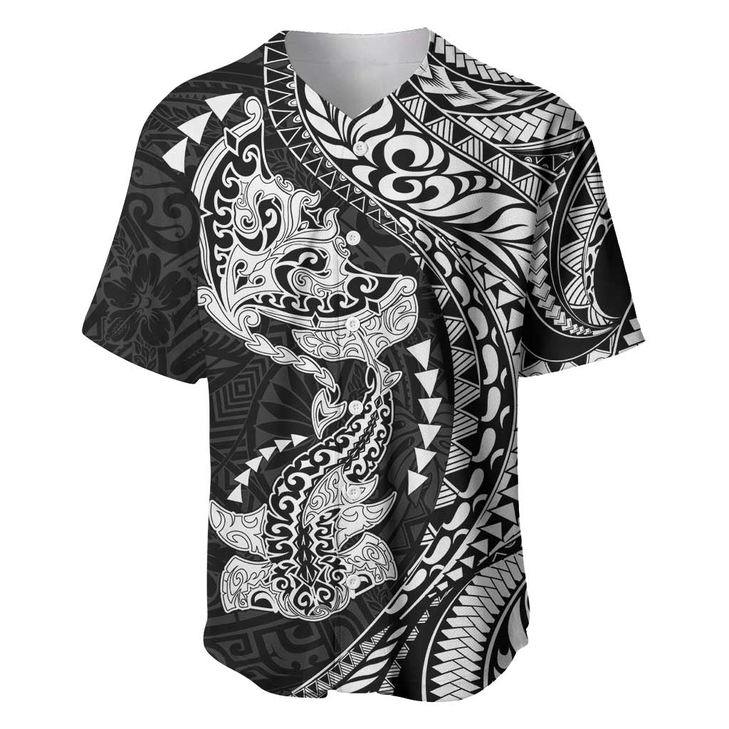 Hawaiian Manta Ray and Hammerhead Shark Tribal Tattoo Baseball Jersey with Polynesian Tribal Pattern Black-White Color