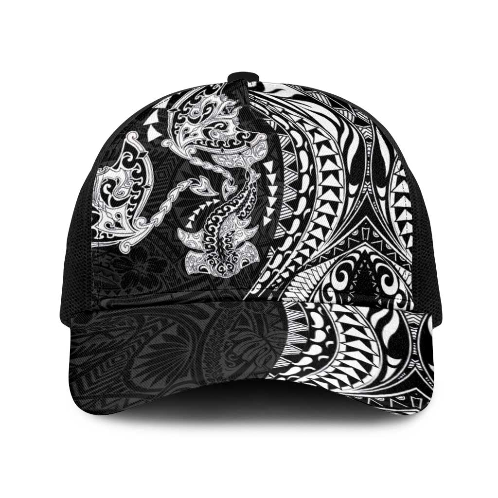 Hawaiian Manta Ray and Hammerhead Shark Tribal Tattoo Baseball Net Cap with Polynesian Tribal Pattern Black-White Color LT03 One Size Black Multicolor - Polynesian Pride