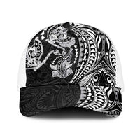 Hawaiian Manta Ray and Hammerhead Shark Tribal Tattoo Baseball Net Cap with Polynesian Tribal Pattern Black-White Color LT03 One Size White Multicolor - Polynesian Pride