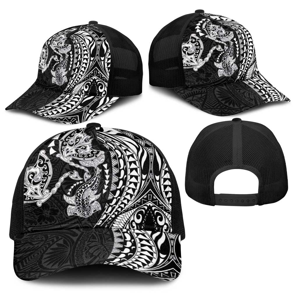 Hawaiian Manta Ray and Hammerhead Shark Tribal Tattoo Baseball Net Cap with Polynesian Tribal Pattern Black-White Color LT03 - Polynesian Pride