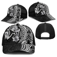 Hawaiian Manta Ray and Hammerhead Shark Tribal Tattoo Baseball Net Cap with Polynesian Tribal Pattern Black-White Color LT03 - Polynesian Pride