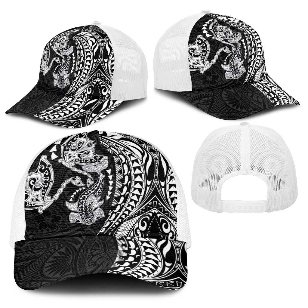 Hawaiian Manta Ray and Hammerhead Shark Tribal Tattoo Baseball Net Cap with Polynesian Tribal Pattern Black-White Color LT03 - Polynesian Pride
