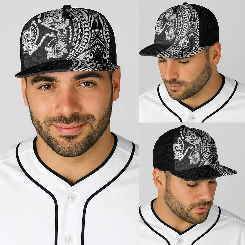 Hawaiian Manta Ray and Hammerhead Shark Tribal Tattoo Baseball Net Cap with Polynesian Tribal Pattern Black-White Color LT03 - Polynesian Pride