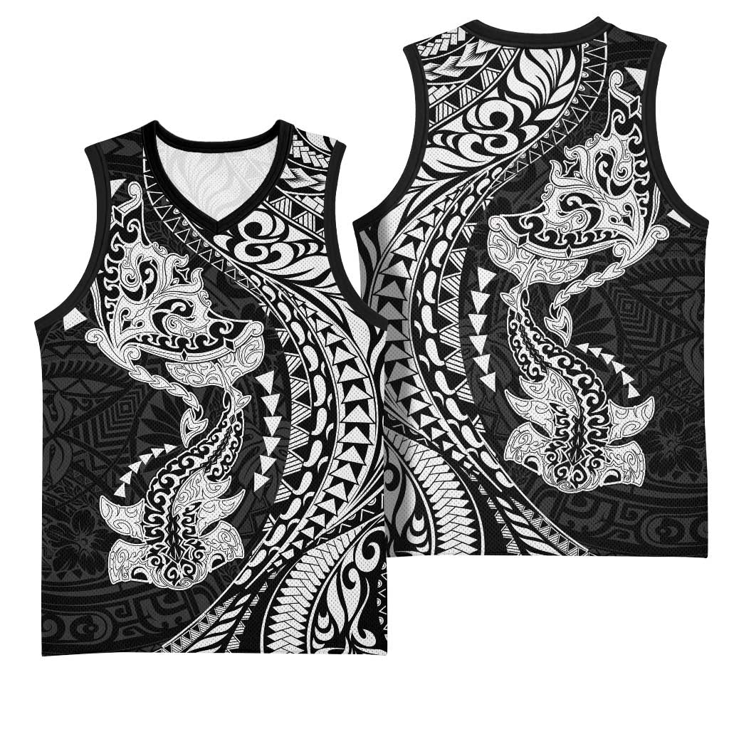 Hawaiian Manta Ray and Hammerhead Shark Tribal Tattoo Basketball Jersey with Polynesian Tribal Pattern Black-White Color