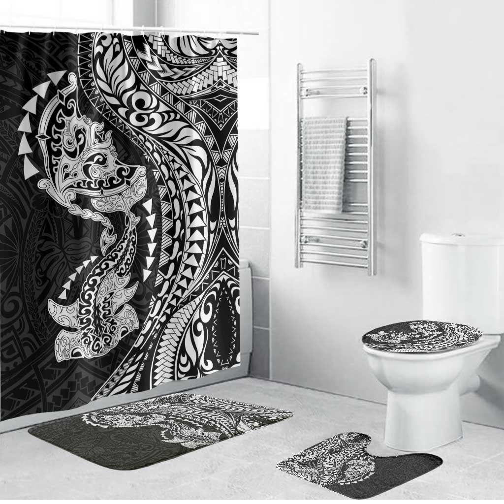 Hawaiian Manta Ray and Hammerhead Shark Tribal Tattoo Bathroom Set with Polynesian Tribal Pattern Black-White Color LT03 Bathroom Set (4 pcs) Multicolor - Polynesian Pride