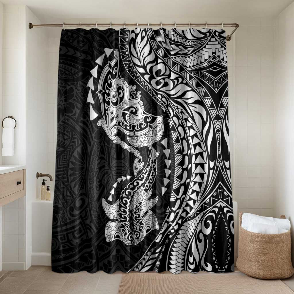 Hawaiian Manta Ray and Hammerhead Shark Tribal Tattoo Bathroom Set with Polynesian Tribal Pattern Black-White Color LT03 Shower Curtain Only Multicolor - Polynesian Pride