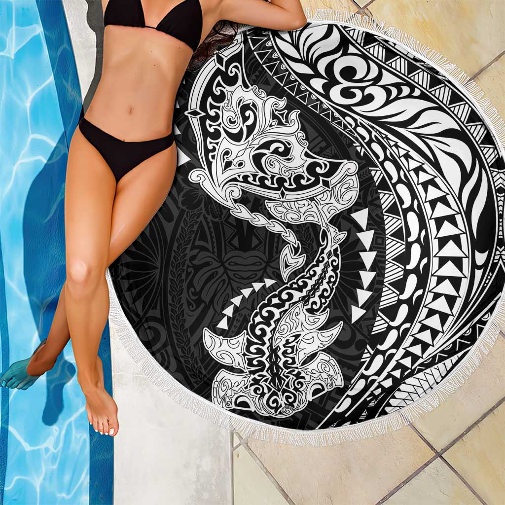Hawaiian Manta Ray and Hammerhead Shark Tribal Tattoo Beach Blanket with Polynesian Tribal Pattern Black-White Color LT03 - Polynesian Pride
