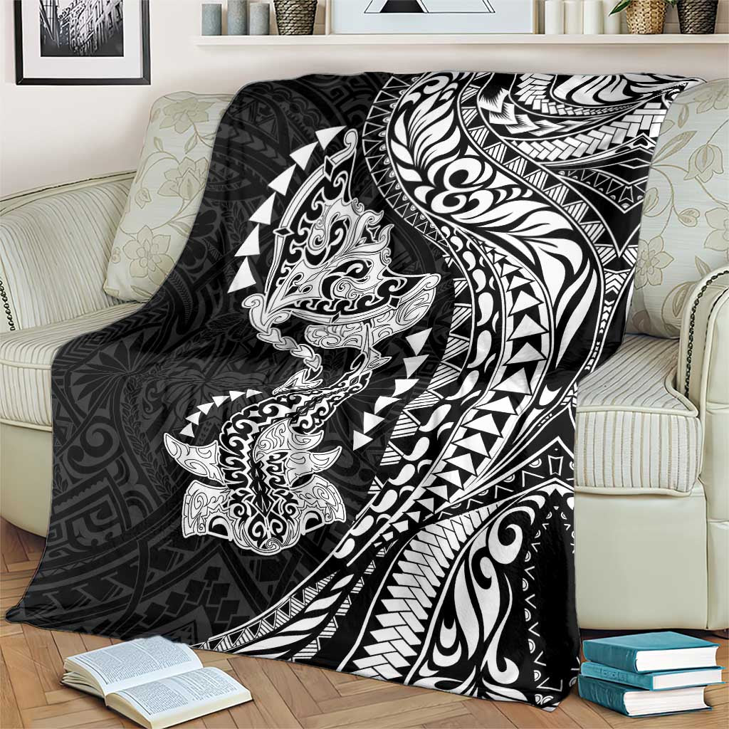 Hawaiian Manta Ray and Hammerhead Shark Tribal Tattoo Blanket with Polynesian Tribal Pattern Black-White Color LT03 - Polynesian Pride
