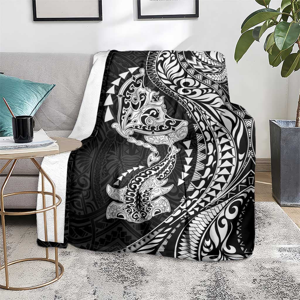 Hawaiian Manta Ray and Hammerhead Shark Tribal Tattoo Blanket with Polynesian Tribal Pattern Black-White Color LT03 - Polynesian Pride