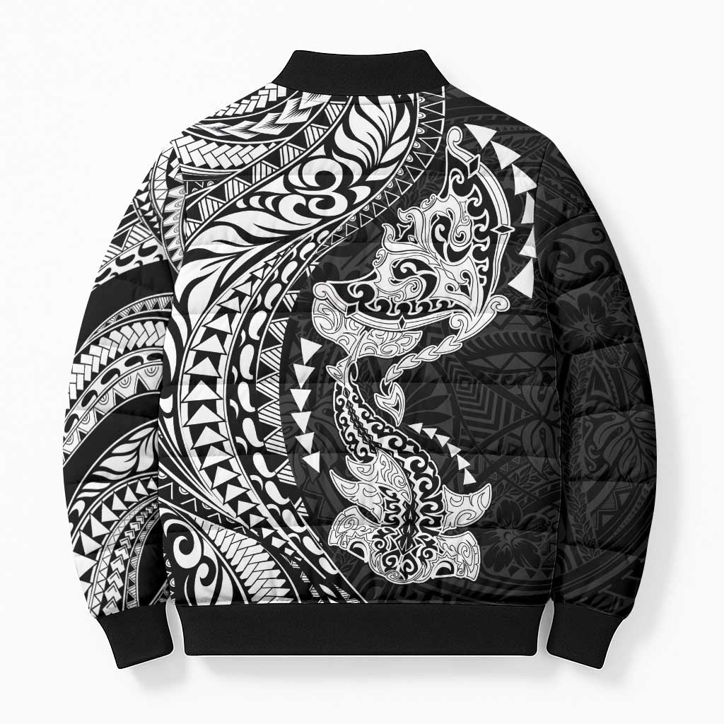 Hawaiian Manta Ray and Hammerhead Shark Tribal Tattoo Bomber Puffer Jacket with Polynesian Tribal Pattern Black-White Color