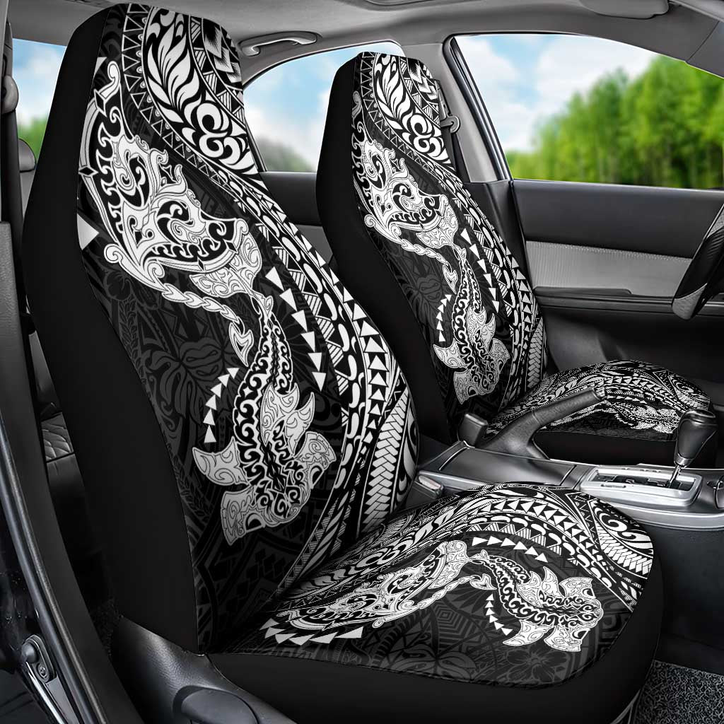 Hawaiian Manta Ray and Hammerhead Shark Tribal Tattoo Car Seat Cover with Polynesian Tribal Pattern Black-White Color