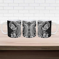 Hawaiian Manta Ray and Hammerhead Shark Tribal Tattoo Ceramic Mug with Polynesian Tribal Pattern Black-White Color