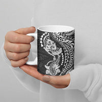 Hawaiian Manta Ray and Hammerhead Shark Tribal Tattoo Ceramic Mug with Polynesian Tribal Pattern Black-White Color