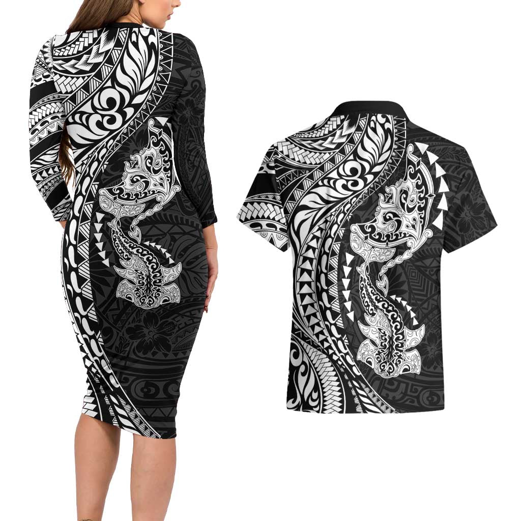 Hawaiian Manta Ray and Hammerhead Shark Tribal Tattoo Couples Matching Long Sleeve Bodycon Dress and Hawaiian Shirt with Polynesian Tribal Pattern Black-White Color