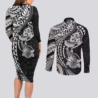 Hawaiian Manta Ray and Hammerhead Shark Tribal Tattoo Couples Matching Long Sleeve Bodycon Dress and Long Sleeve Button Shirt with Polynesian Tribal Pattern Black-White Color