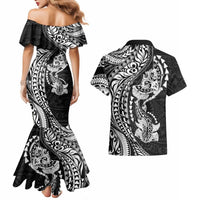 Hawaiian Manta Ray and Hammerhead Shark Tribal Tattoo Couples Matching Mermaid Dress and Hawaiian Shirt with Polynesian Tribal Pattern Black-White Color