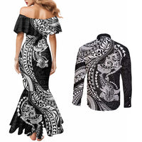 Hawaiian Manta Ray and Hammerhead Shark Tribal Tattoo Couples Matching Mermaid Dress and Long Sleeve Button Shirt with Polynesian Tribal Pattern Black-White Color