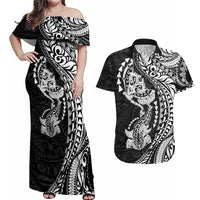 Hawaiian Manta Ray and Hammerhead Shark Tribal Tattoo Couples Matching Off Shoulder Maxi Dress and Hawaiian Shirt with Polynesian Tribal Pattern Black-White Color